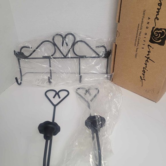Vintage Home Interior black Wrought iron wall hook with 2 candle holders heart - Picture 1 of 12
